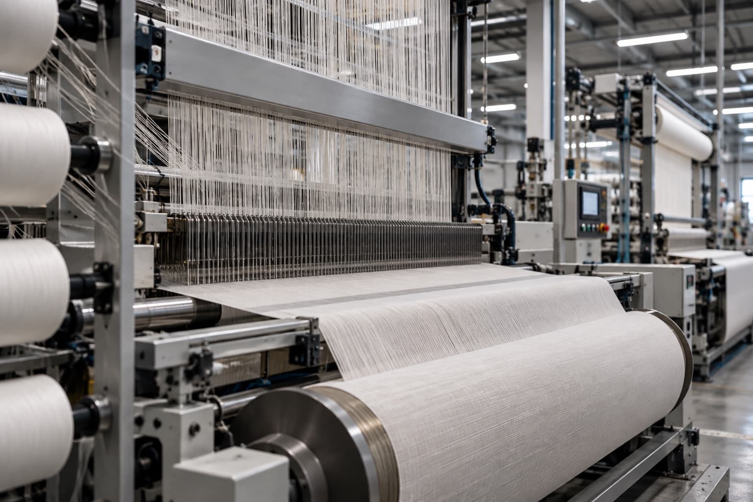 Weefmachine met stofrol in een partnerfabriek in Pakistan