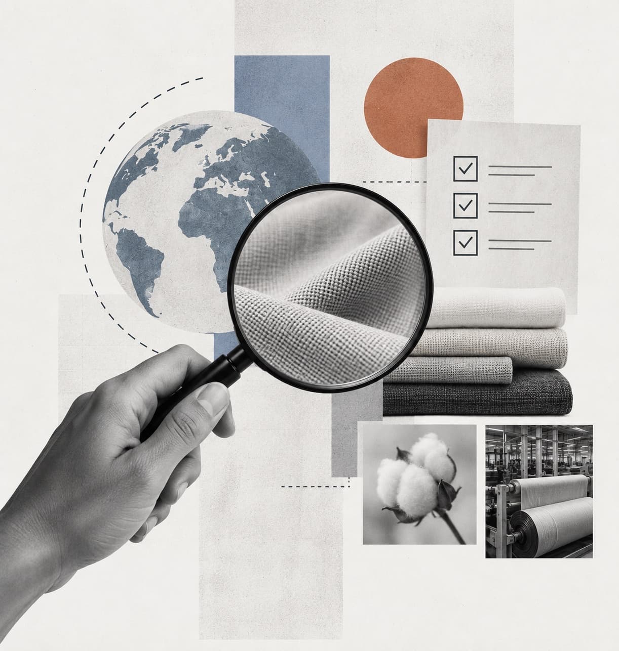 Collage bij de fase oriëntatie en haalbaarheid: een loep op stof, een wereldbol en een checklist